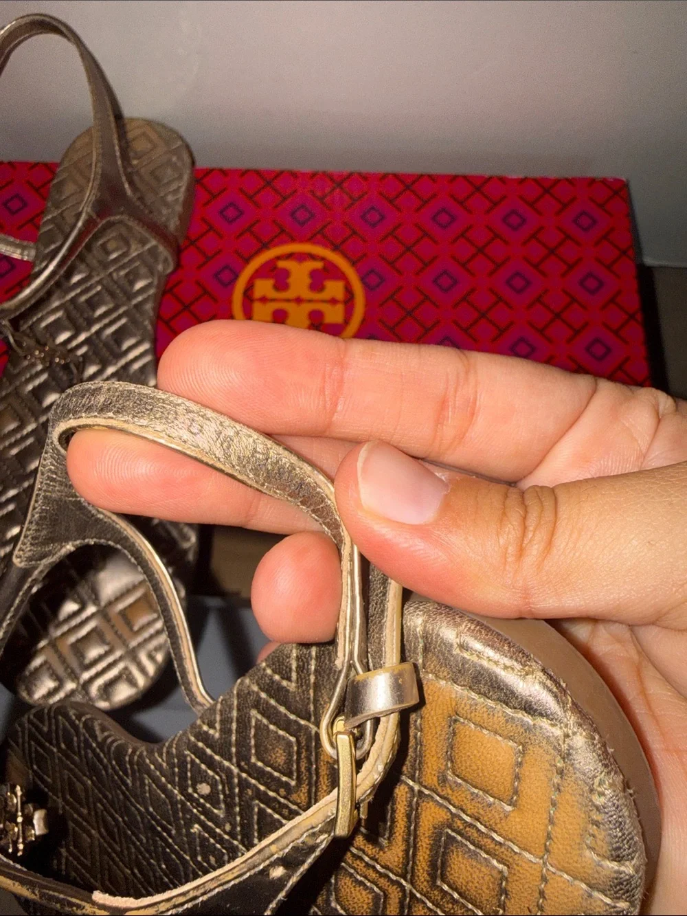 Tory Burch Metallic Gold Quilted T-Strap Sandals with Ankle Strap